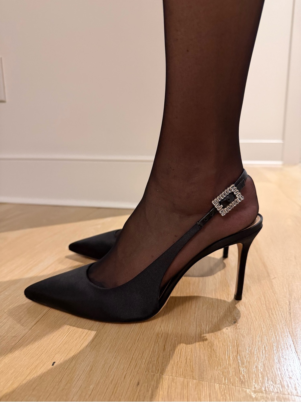 Saks Fifth Avenue Black Satin Slingback Pumps with Crystal Buckle, Size 42
